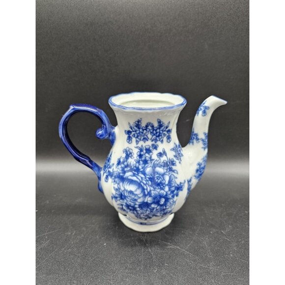 Flow Blue Ironstone Floral Teapot No Lid And Pair Of Teacups W/ Saucers Vintage - Picture 9 of 16